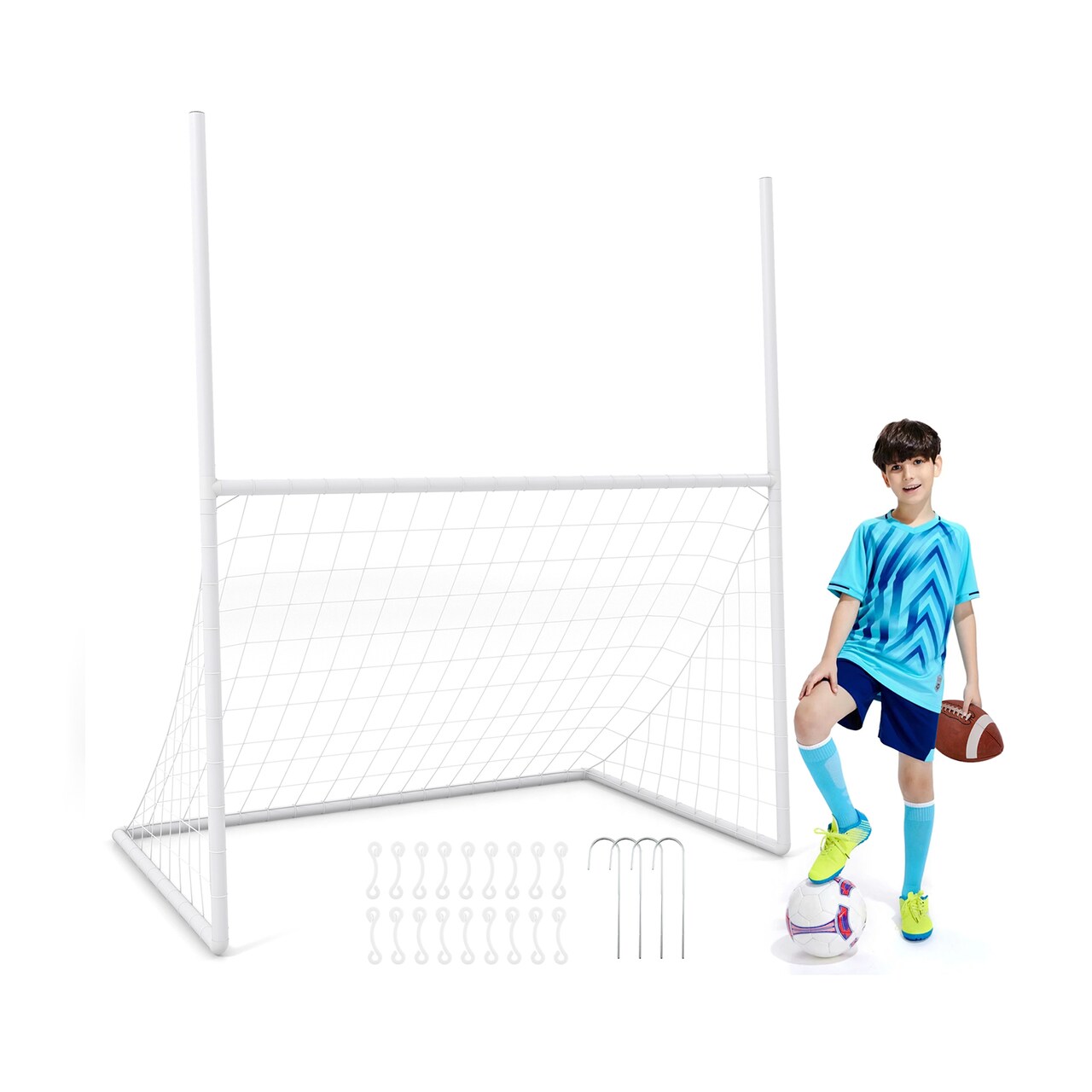 2-in-1 Kids Soccer & Football Goal – UPVC Frame with Heavy-Duty Net & Ground Stakes